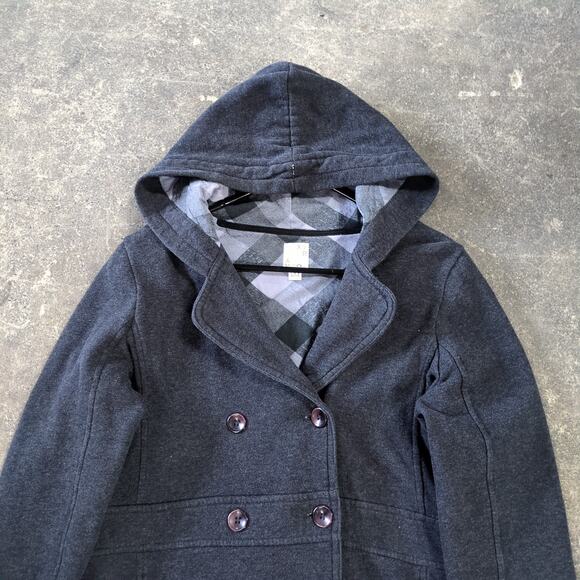 Vintage Roxy Peacoat Jacket Womens L Gray Fleece Button Up Hooded Preppy Y2K - Picture 2 of 8